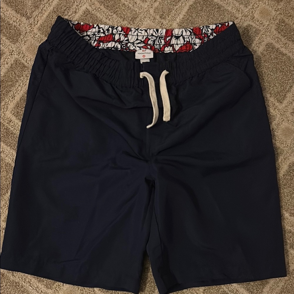 Navy Drawstring Swim Shorts with Floral Waistband